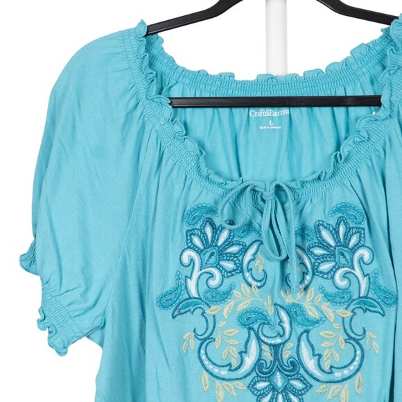 Croft & Barrow Peasant Blouse L Women Blue Embroidered Shirt Cotton Short Sleeve - Picture 2 of 6